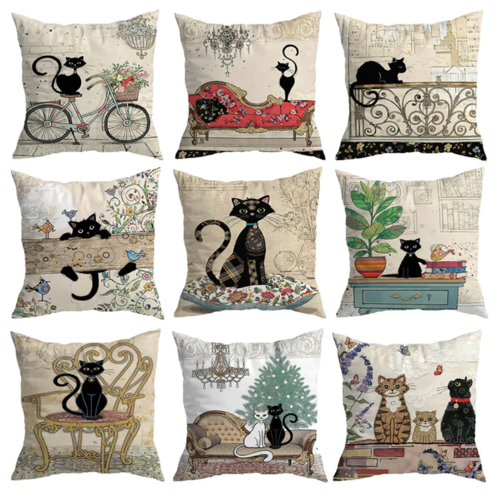 1960s Vintage Black Cat Cushion Covers